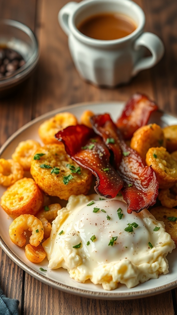 A breakfast plate with crispy bacon, hash browns, and scrambled eggs, garnished with herbs.